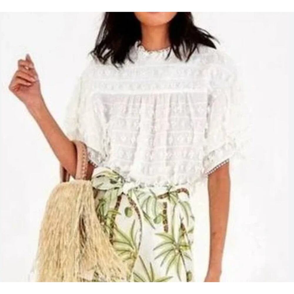 NWT FARM Rio Ivory off White Embroidered Fringe Short Sleeve Size M - Picture 2 of 9